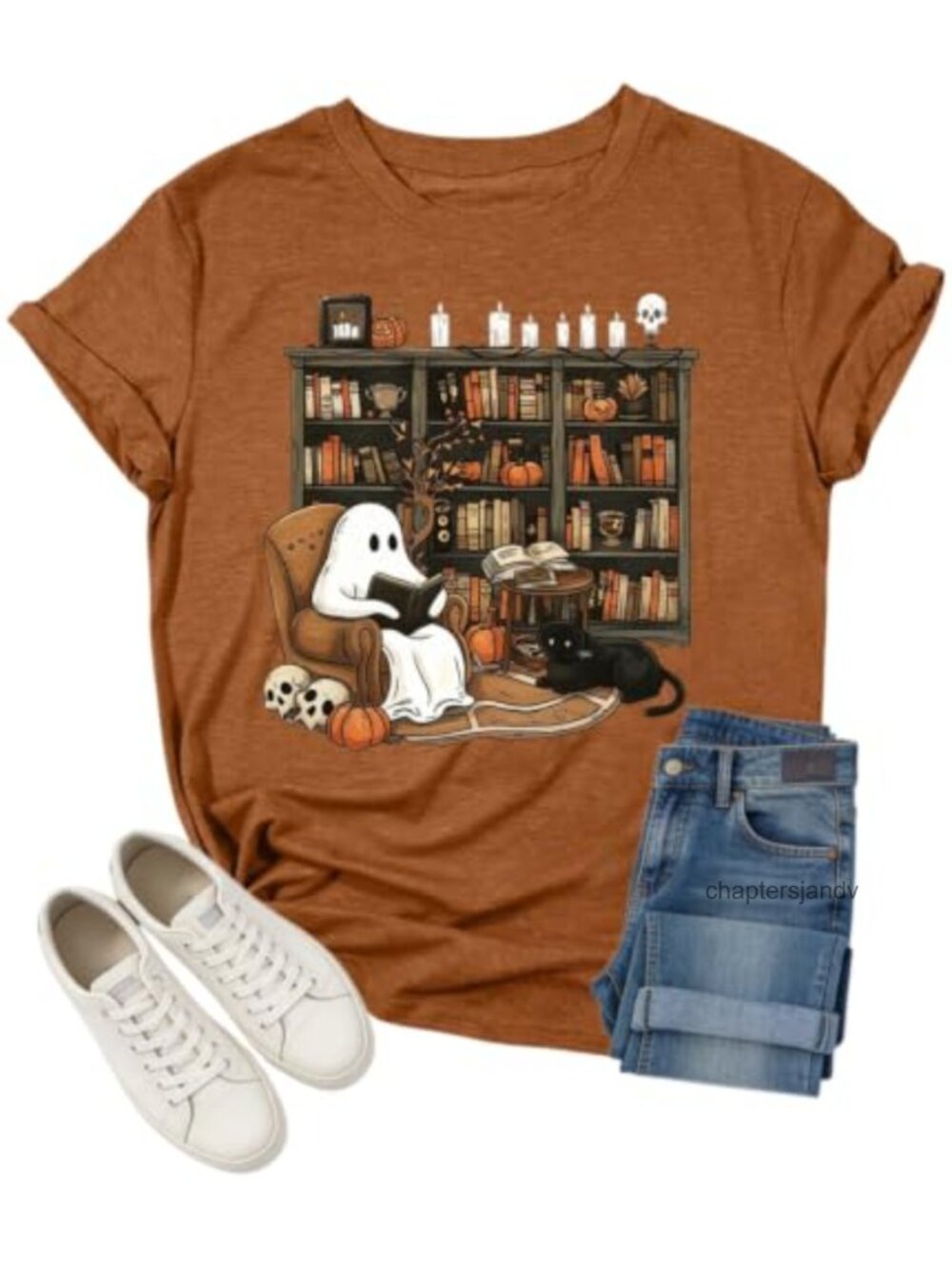 Women Halloween Ghost Reading Teacher T-Shirt Short Sleeve Crew Neck Top